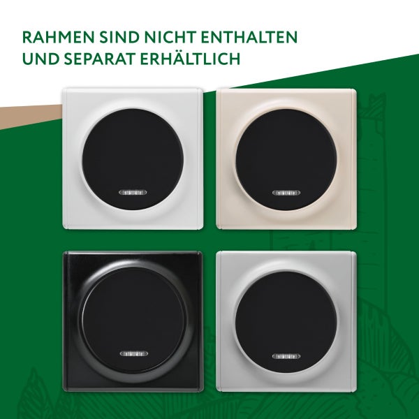Vier quadratische Wippschalter mit runder zentraler Wippe in verschiedenen Ausführungen. Rahmen sind nicht enthalten und separat erhältlich.