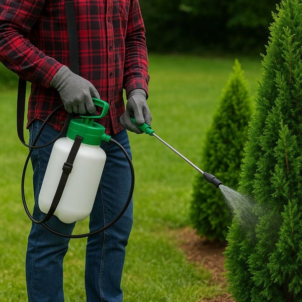 Person im hellen Garten verwendet einen weißen Drucksprüher aus Kunststoff mit grünem Deckel und Metalllanze zur Pflege einer Hecke.