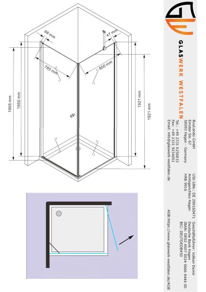 Technische Zeichnung einer Duschkabine mit Maßangaben