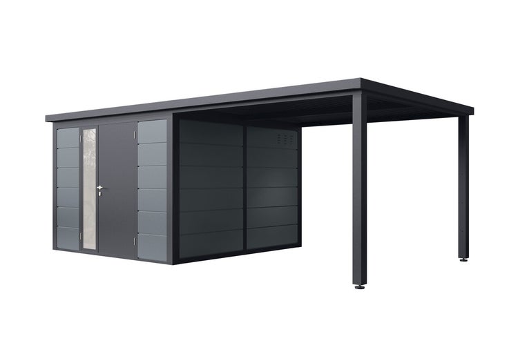 Modernes Metallgerätehaus mit integriertem Carport und verglaster Tür für Garten oder Einfahrt.
