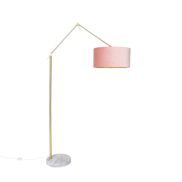 QAZQA - Moderne Stehlampe Gold I Messing Samtschirm Rosa 50 cm - Editor I Wohnzimmer I Schlafzimmer - Textil Länglich - LED geeignet E27