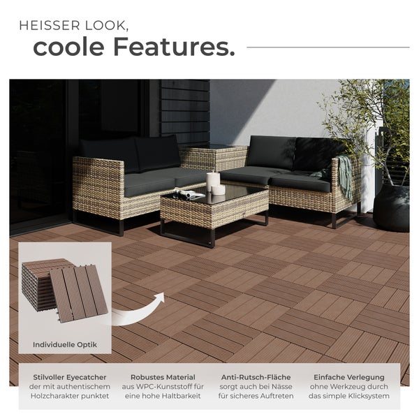 Terrassenfliesen tectake Tegulas 31 x 31 x 2,2 cm 11er Set im Klicksystem braun