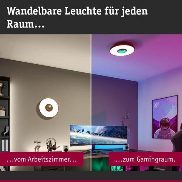 Runde LED-Leuchte im Arbeitszimmer und Gamingraum mit warmweißem und farbigem Licht, montiert an Wand und Decke.