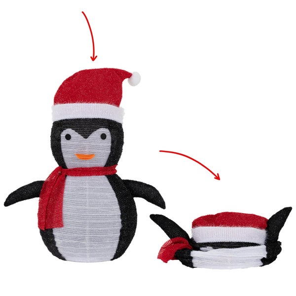 ECD Germany LED Weihnachts Pinguin mit Mütze & Schal, 68cm hoch, Gartenfigur mit 30 warmweißen LEDs beleuchtet, Timer, batteriebetrieben, Innen-Außen, zusammenfaltbar, Gartendekoration Weihnachtsdeko