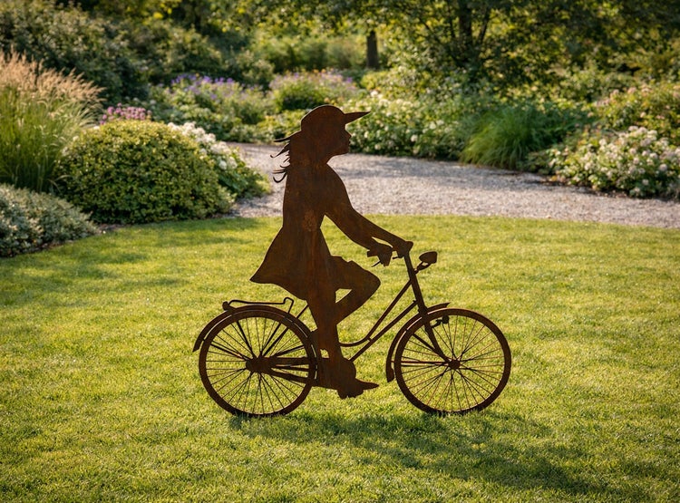 Gartenstecker aus Edelrost in Form einer Frau auf einem Fahrrad stehend auf einer Rasenfläche in einem Garten.