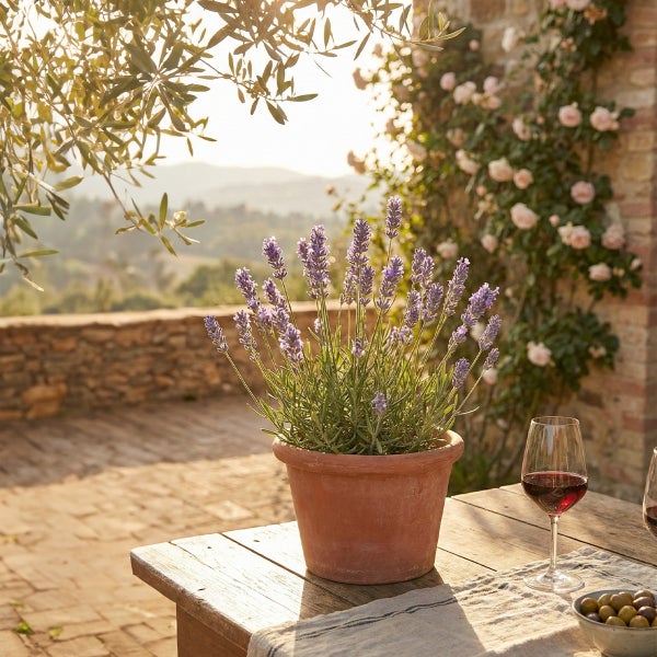 Lavendel im Terrakottatopf auf Holztisch. Helle Terrasse mit Steinmauer, Kletterrosen und Hügelblick. Mediterraner Stil.