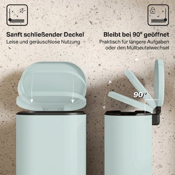 Infografik eines Abfalleimers mit Absenkautomatik und neunzig Grad Arretierfunktion des Deckels.