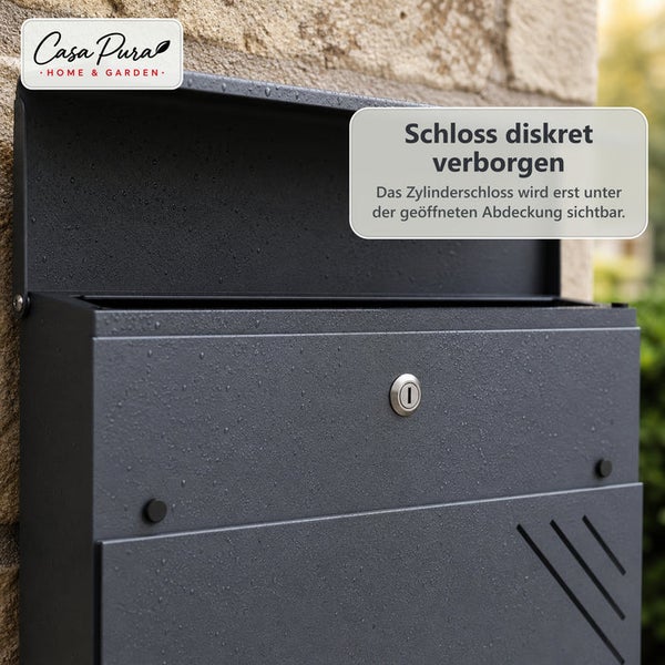 Moderner Wandbriefkasten von Casa Pura mit verdecktem Zylinderschloss unter der Abdeckung.