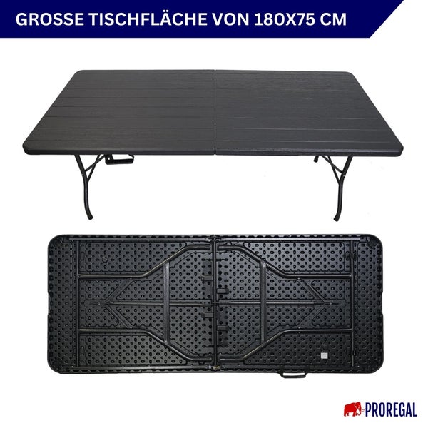 Klapptisch mit einer Tischfläche von 180 mal 75 Zentimeter in aufgebautem und zusammengeklapptem Zustand
