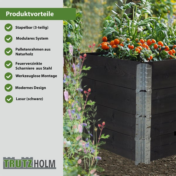 Hochbeet aus Holz mit tomaten bepflanzt