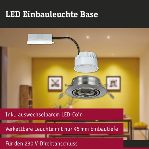 LED-Einbaustrahler mit Metallrahmen, auswechselbarem LED-Modul und Anschlussbox, für 230 Volt Direktanschluss mit 45 Millimeter Einbautiefe.