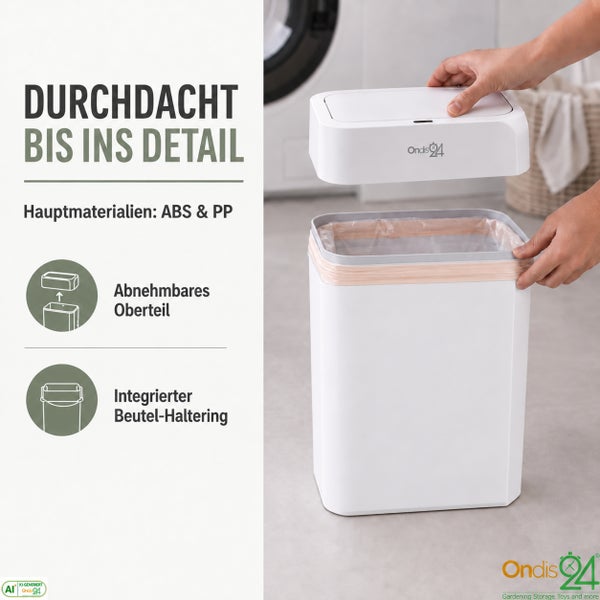 Ondis24 Abfalleimer aus Kunststoff mit abnehmbarem Deckel und integriertem Beutelhalter für die einfache Müllentsorgung im Haushalt.