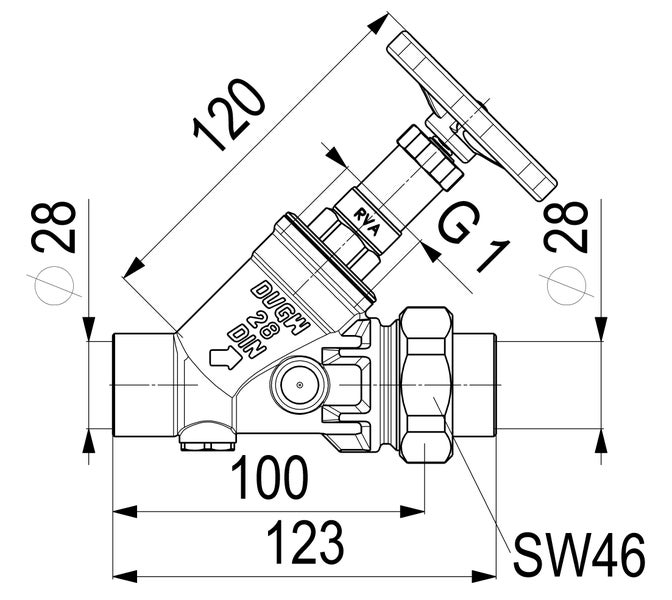 Technische Zeichnung eines Schrägsitzventils mit Maßen. Durchmesser 28 Millimeter, Längen 100 und 123 Millimeter, DIN und DVGW geprüft.