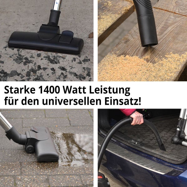 1400 Watt Mehrzwecksauger im Einsatz: Saugen von Grobschmutz, Sägespänen, Flüssigkeiten und Reinigung eines Kofferraums.
