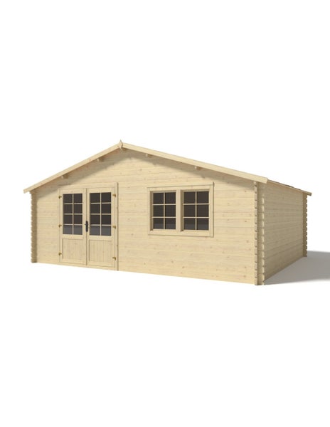 Gartenhaus aus hellem Holz mit Satteldach, Doppeltür und zwei Sprossenfenstern.