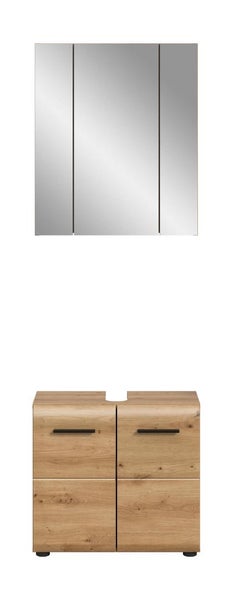 Badmöbel-Set bestehend aus einem dreitürigen Spiegelschrank und einem Waschbeckenunterschrank in Eichenoptik mit schwarzen Griffen.
