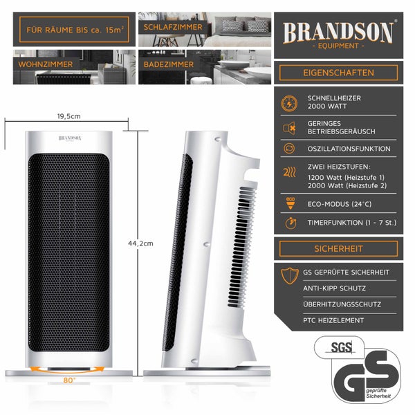 Brandson 2000W Keramik Heizlüfter mit Fernbedienung, 80° Oszillation, Überhitzungsschutz, Automatische Abschaltung, Umkippschutz, 1-7h Timer