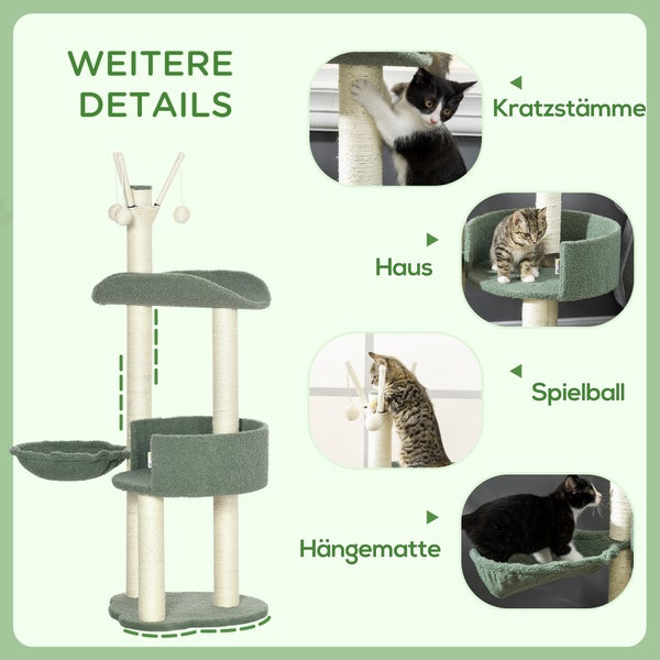 PawHut Kratzbaum 123H cm Katzenbaum Kletterbaum Katzenkratzbaum mit Liegekorb, Spielball, Sisalsäule für Katzen bis 5 kg Plüsch Cremeweiß+Grün