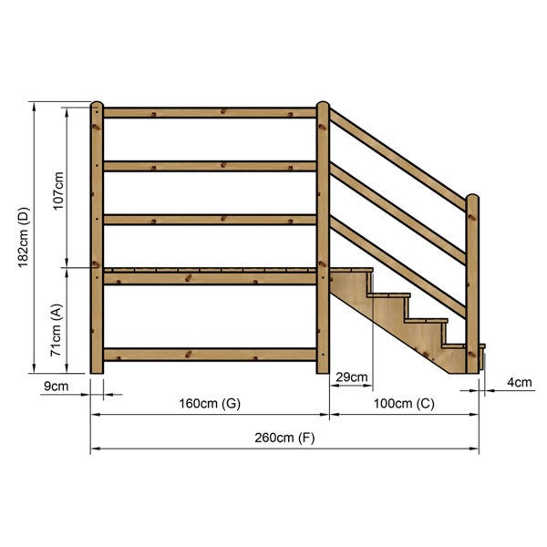 Technische Zeichnung einer Holztreppe mit Geländer und Maßangaben