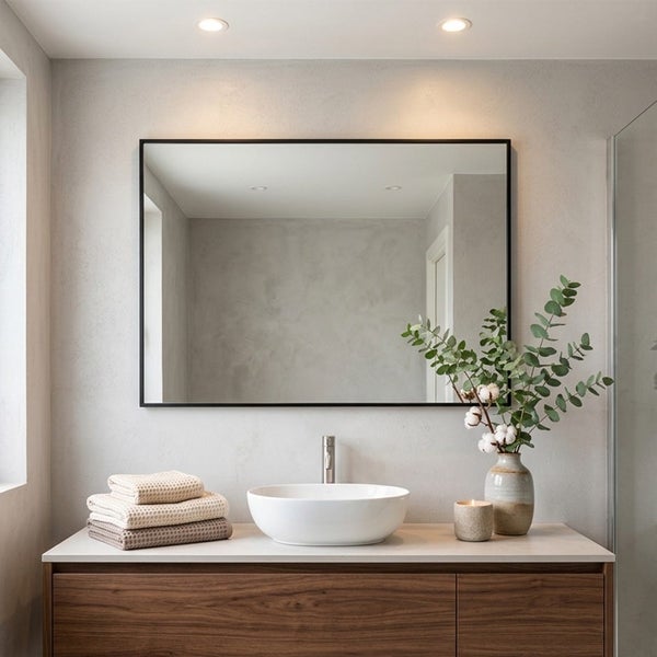 Modernes Badezimmer mit großem rechteckigem Spiegel mit schwarzem Rahmen, weißem Aufsatzwaschbecken, Holzwaschtisch und Eukalyptuszweigen.