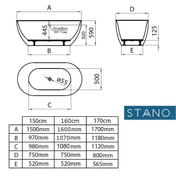 Technische Zeichnung der freistehenden Badewanne von Stano mit Maßen für verschiedene Längen von 150 bis 170 Zentimeter.