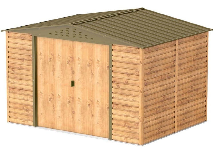 Gerätehaus aus Metall in Holzoptik mit Satteldach und Doppelschiebetür.