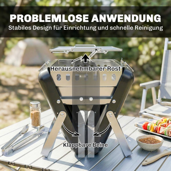 Tragbarer Holzkohlegrill mit klappbaren Beinen und einem herausnehmbaren Rost auf einem Campingtisch.