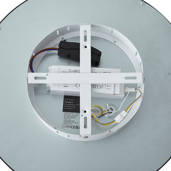 Rückansicht einer runden Deckenleuchte mit Montagehalterung, LED-Treiber und Verkabelung.