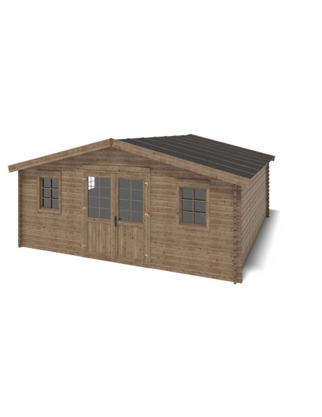 Gartenhaus aus Holz mit Doppeltür, zwei Sprossenfenstern und Satteldach.