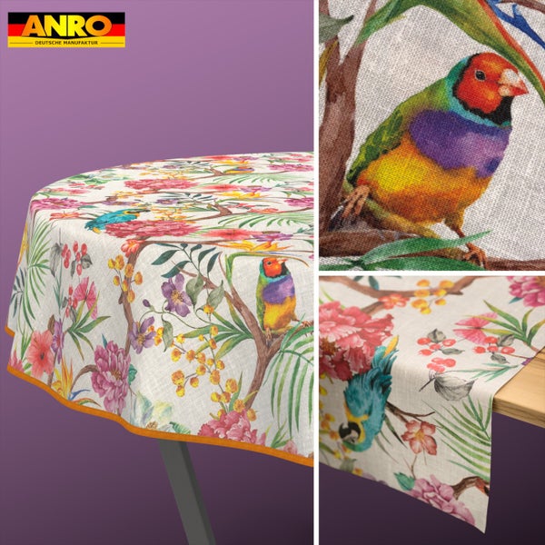 Rundes Tischtuch von ANRO mit tropischem Muster aus Vögeln, Blumen und Blättern sowie Detailansichten der Gewebestruktur und Kante. ANRO Logo.