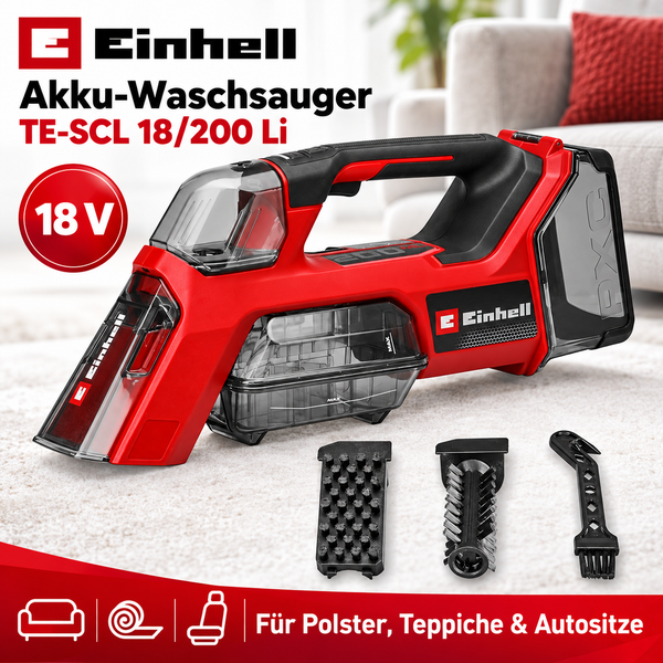 Einhell Akku-Waschsauger TE-SCL 18/200 Li mit 18 Volt und Zubehör für Polster, Teppiche und Autositze.