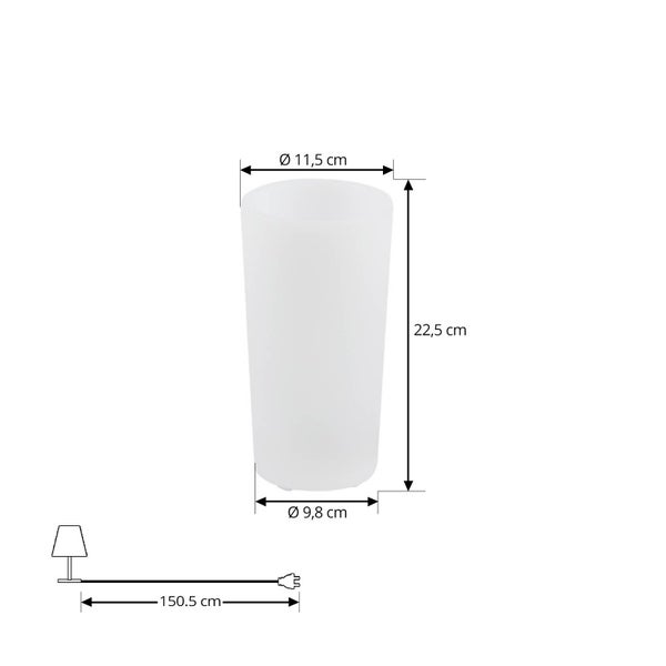 Zylindrische Tischlampe: Höhe 22,5 Zentimeter, Durchmesser oben 11,5 Zentimeter, unten 9,8 Zentimeter, Kabellänge 150,5 Zentimeter.