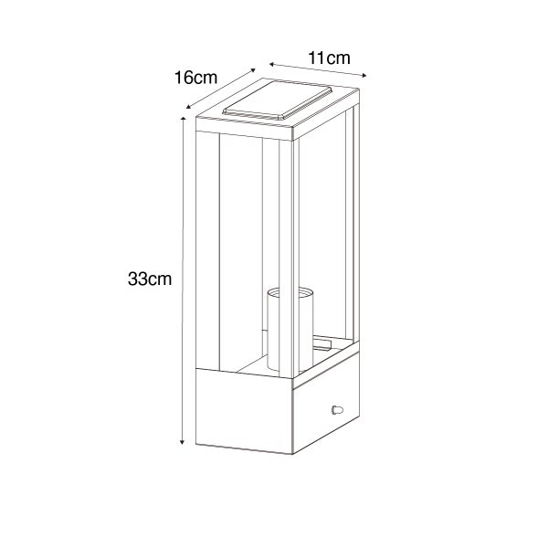 Technische Zeichnung einer Solar-Laterne mit Maßen: Höhe 33 Zentimeter, Breite 11 Zentimeter und Tiefe 16 Zentimeter.
