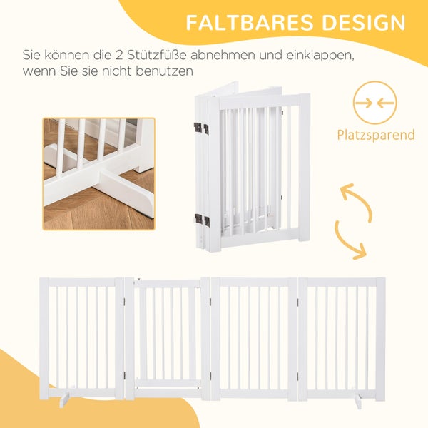 PawHut Absperrgitter Hund 4-teilig, 204 x 75 cm Faltbar Türschutzgitter mit Tür, Freistehend Hundegitter mit 2 Stützfüßen, Treppengitter aus Holz für Flur, Küche, Treppe, Weiß