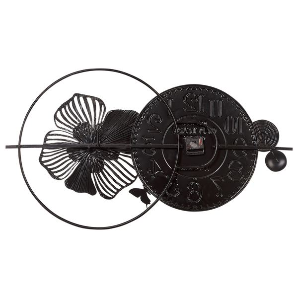 Rückansicht einer schwarzen Wanduhr aus Metall mit abstraktem Blumenmotiv und Uhrwerk.