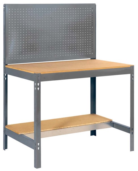 Werkbank mit Arbeitsplatte aus Holz, Ablagefach und Lochrückwand aus Metall.
