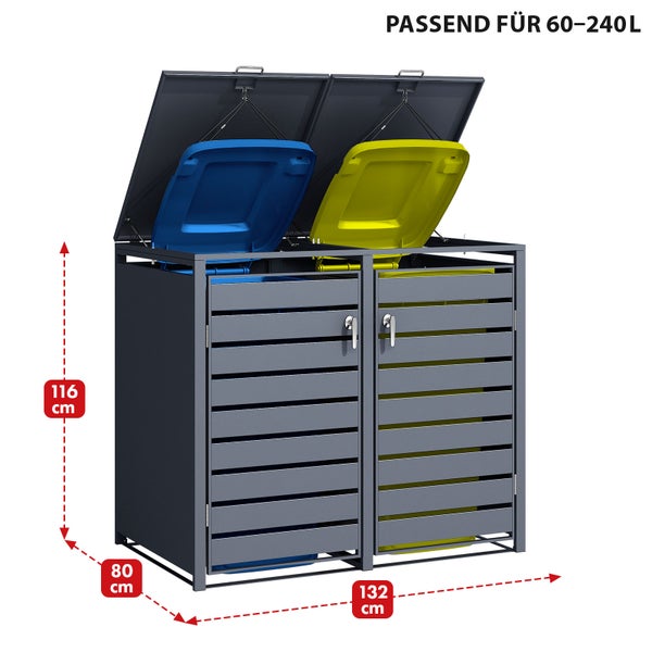 FLOORDIREKT Mülltonnenbox Magnus mit Edelstahlrahmen 132 x 80 x 116 cm - 2 Türen