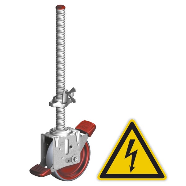 Verstellbare Transportrolle mit Gewindespindel und Warnzeichen Hochspannung