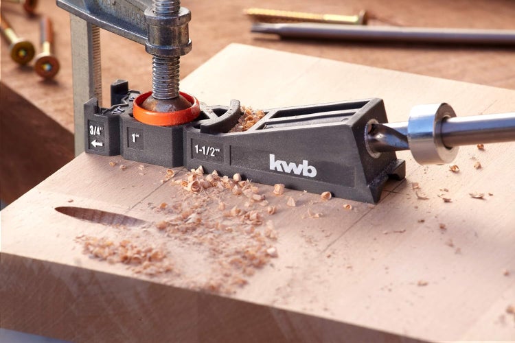 kwb Taschenloch-Bohrschablone/Bohrlehre inkl. 9 mm Bohrer, Tiefenstop und TX-20 Bit 150 mm, 122 - 38 brettstärken