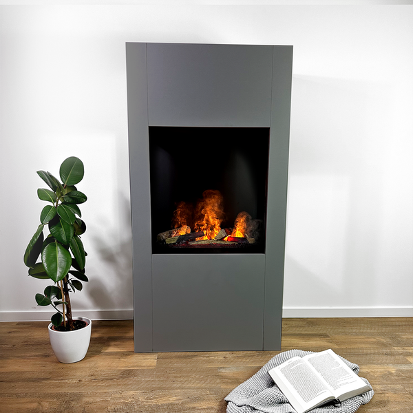 GLOW FIRE Elektrokamin 'Böll'| Wasserdampf Kamin mit OMC 600 inkl. Holz in grau als Raumteiler | HxBxT: 145x54x44 cm