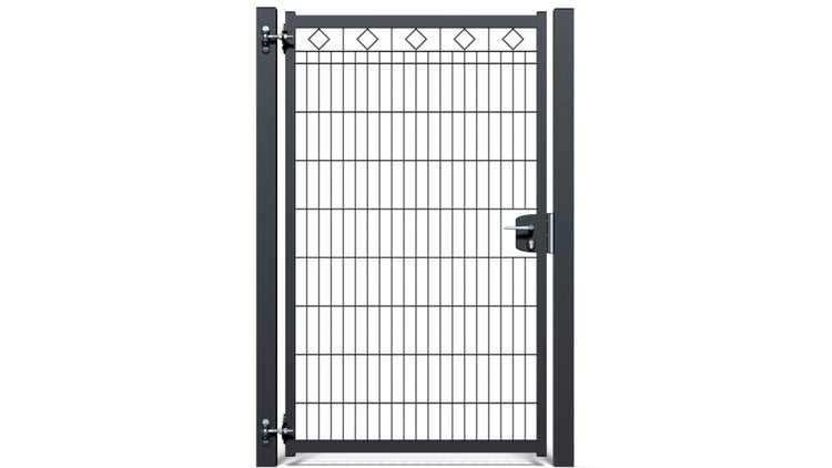 Gartentür ZAUNGURU BASIC-Linie Raute aus Metall, Höhe: 183cm, Breite: 123cm, 1-flügelig inkl. Pfosten, Schloss und Zubehör, Feuerverzinkt und zusätzlich in RAL 7016 Anthrazitgrau pulverbeschichtet