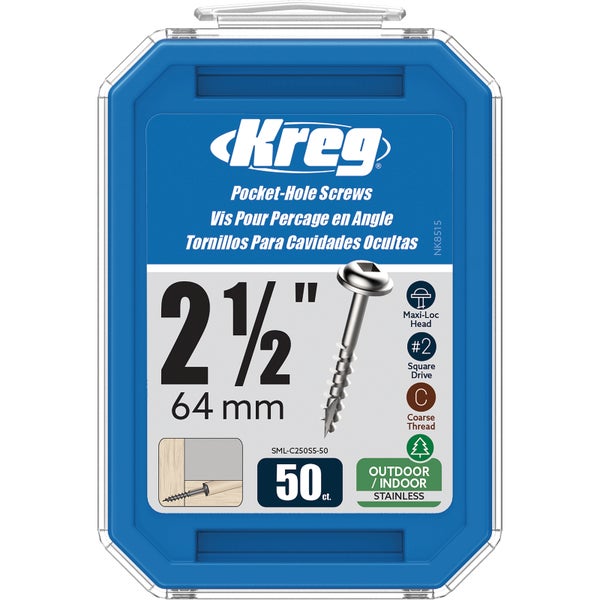 Kreg Logo, Pocket-Hole Schrauben 64 Millimeter, Edelstahl, Grobgewinde, Maxi-Loc-Kopf, Vierkantantrieb, 50 Stück, für Innen- und Außenbereich.