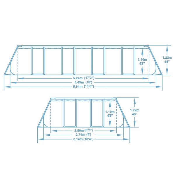 Maßzeichnung für zwei rechteckige Frame-Pools in verschiedenen Größen mit detaillierten Angaben zu Länge und Höhe in Meter.