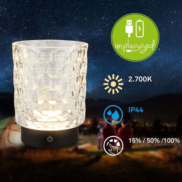 LED Akku Tischleuchte Glas 3-step touch 2W 150 lm 2700 K H 15 cm Sunora klar