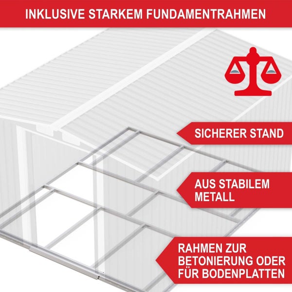 Inklusive stabilem Fundamentrahmen aus Metall für Gewächshäuser, sorgt für sicheren Stand, zum Betonieren oder für Bodenplatten geeignet.