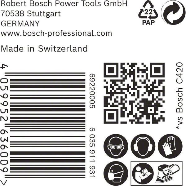 Informationen zu Robert Bosch Power Tools, Barcode, QR-Code, Materialkennzeichnung und Schutzvorkehrungen