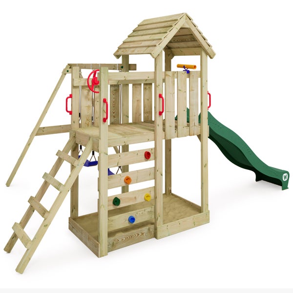WICKEY Spielturm Klettergerüst MultiFlyer Holzdach mit Schaukel und Rutsche, Kletterturm mit Holzdach, Sandkasten, Leiter und Spiel-Zubehör - grün