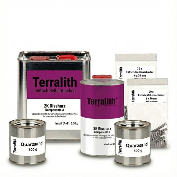 Terralith Reparaturset für Risse mit Quarzsand und Estrich-Wellenverbinder