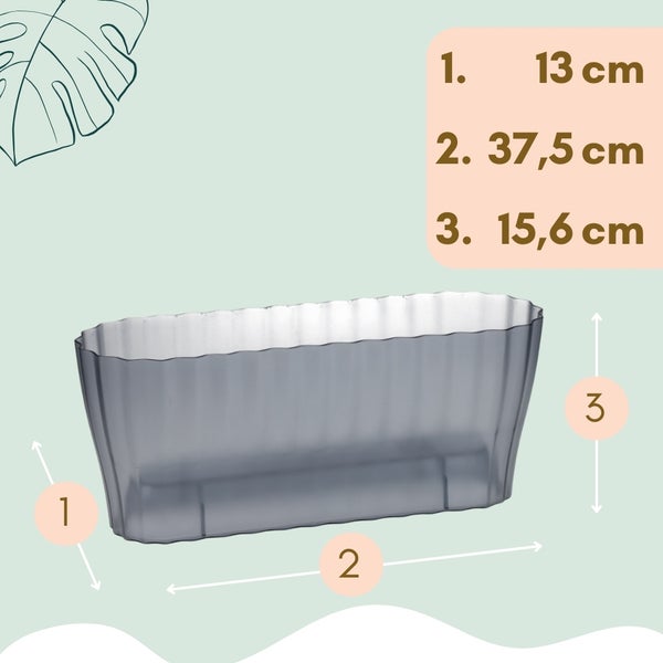 Abbildung der Abmessungen eines Pflanzkastens mit 13 cm Breite, 37,5 cm Länge und 15,6 cm Höhe.