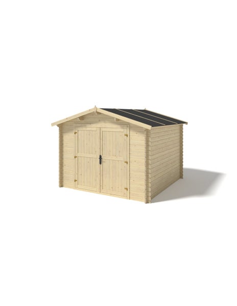 Gartenhaus aus naturbelassenem Holz mit Doppeltür, Satteldach und Blockbohlenbauweise.